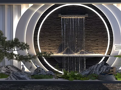 Contemporary Garden Waterfall Feature With Circular Wall Rock Formations And Green Plants 3d model