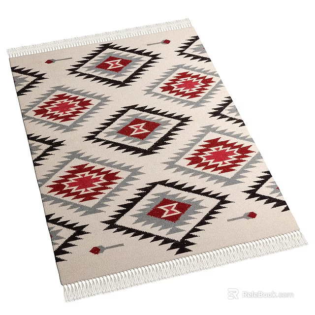 Traditional Square Area Rug With Diamond Geometric Red Black Gray Beige Design 3d model 