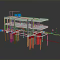 3D Architectural Building Model With Multi Level Framework Red Pillars And Yellow Beams