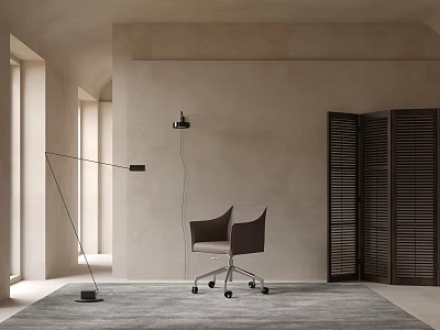 Modern Office Chair in Minimalist Interior with Floor Lamp Gray Carpet and Louvered Doors 3d model