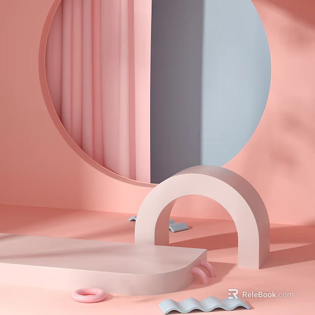 Modern Pink Gray Blue Display Stand With Circular Mirror And Arched Design 3d model 
