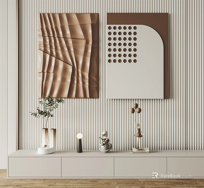 Modern Interior With Decorative Wall Textured Panel And Dot Pattern Striped Wall Shelf Decor Items 3d model