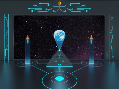 Futuristic Globe With Location Pin On Pyramid Structure With Blue Circuit Lines And Starry Sky 3d model