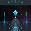 Futuristic Globe With Location Pin On Pyramid Structure With Blue Circuit Lines And Starry Sky