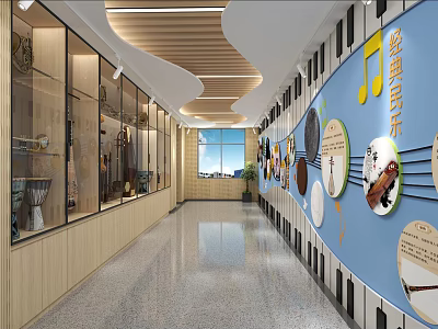 Classical Music Themed Corridor with Musical Instruments Display Cabinets and Wall Decorations 3d model