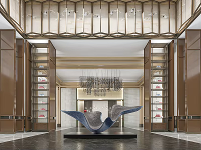 Modern Hotel Lobby Interior With Elegant Chandelier Art Sculpture And Display Cabinets 3d model