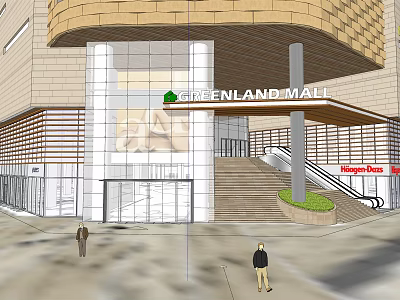 Greenland Mall Commercial Complex With Glass Facade Entrance Stairs And Greenery 3d model