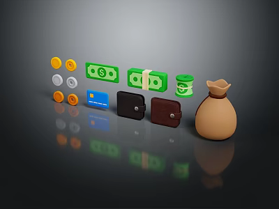 Decorative Ornament Set Featuring Gold Coins Green Banknotes Wallets And Money Bag 3d model