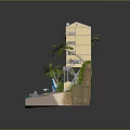 Multi Story Yellow Beachfront Building Model With Palm Trees And Colorful Beach Umbrellas