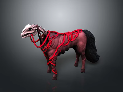 Horse 3D Art With White Skeletal Head Brown Body Black Tail And Red Winding Structures 3d model