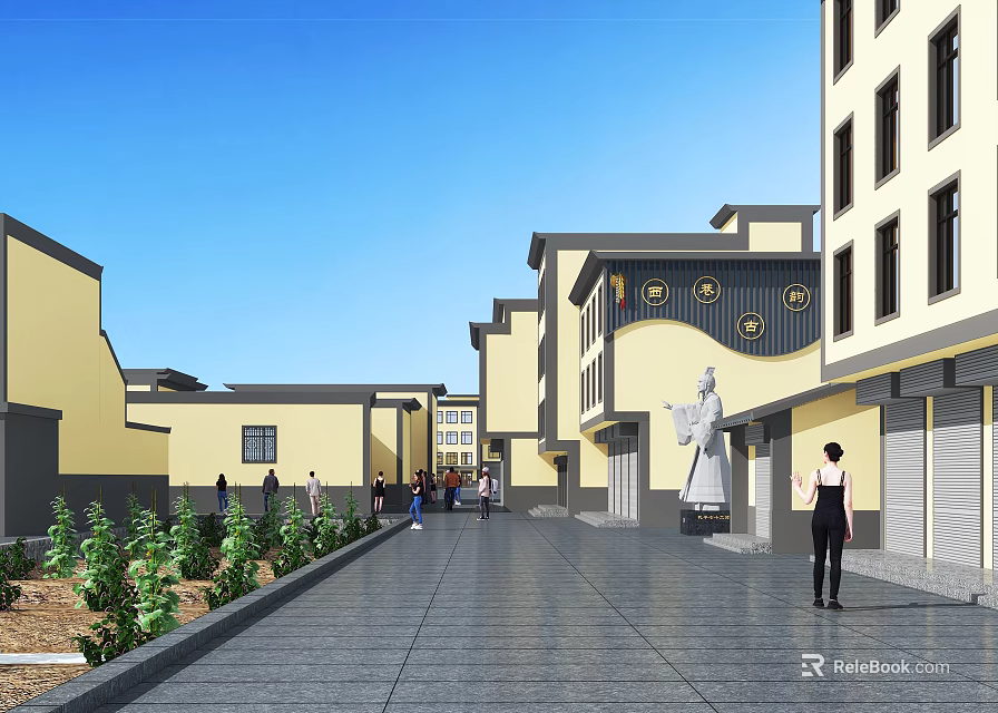 Traditional Style Commercial Street Featuring Yellow Gray Buildings Spacious Pedestrian Walkway Pedestrians Green Plants Storefronts 3d model 