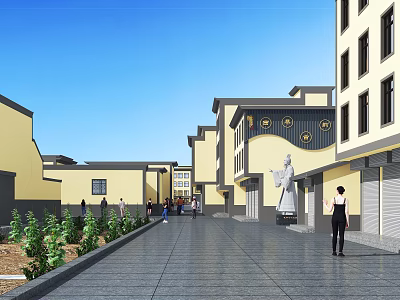 Traditional Style Commercial Street Featuring Yellow Gray Buildings Spacious Pedestrian Walkway Pedestrians Green Plants Storefronts 3d model