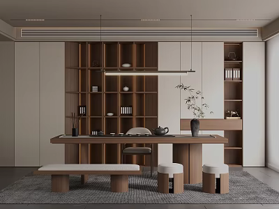 Serene Tea Room Interior With Wooden Shelves Long Wooden Table Low Stools And Tea Sets 3d model