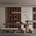 Serene Tea Room Interior With Wooden Shelves Long Wooden Table Low Stools And Tea Sets