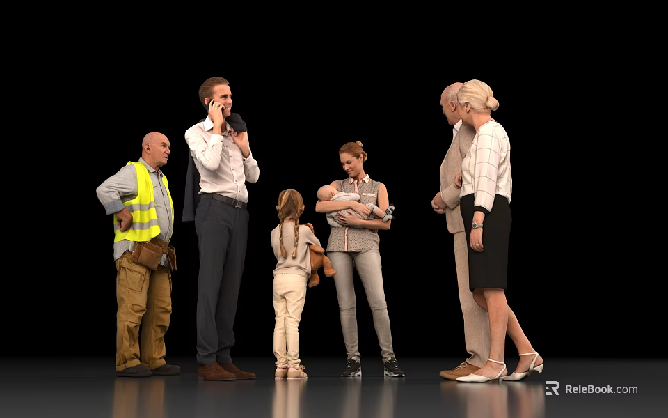 Diverse Group of People Including Worker Adult Child Baby and Elderly Interacting Together 3d model 