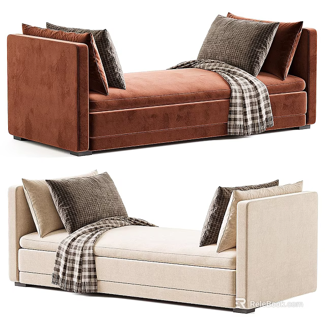 Modern Plush Sofa Bench With Decorative Pillows And Checkered Blanket 3d model