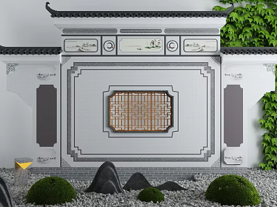 Traditional Chinese Garden Wall With Tile Roof Lattice Window Rockery Stones And Trimmed Shrubs 3d model