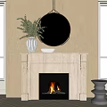 Elegant Marble Fireplace with Carved Design Round Mirror White Vase Greenery Windows and Lawn View
