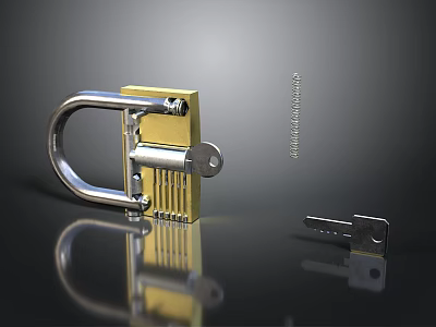 Golden Metal Padlock With Silver Shackle And Key On Dark Reflective Background 3d model