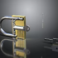 Golden Metal Padlock With Silver Shackle And Key On Dark Reflective Background
