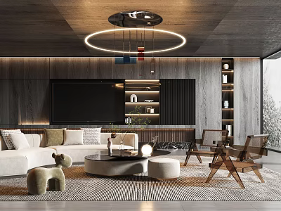 Modern Living Room Interior With White Sofa Round Coffee Table Rug TV Wall And Chandelier 3d model