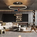 Modern Living Room Interior With White Sofa Round Coffee Table Rug TV Wall And Chandelier