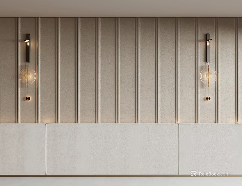 Light Beige Vertical Slat Feature Wall With Glass Globe Wall Sconces And White Cabinetry 3d model 