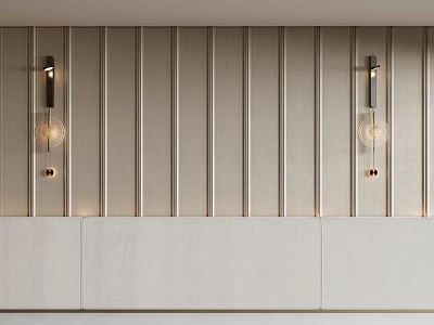 Light Beige Vertical Slat Feature Wall With Glass Globe Wall Sconces And White Cabinetry 3d model