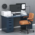 Navy Blue Desk With Computer Monitor Printer Lamp Documents And Brown Leather Office Chair
