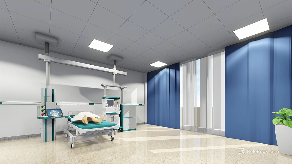 Medical Room Interior With Medical Bed Equipment Blue Walls White Ceiling Lighting And Windows 3d model 