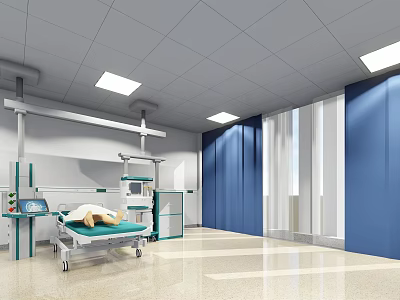 Medical Room Interior With Medical Bed Equipment Blue Walls White Ceiling Lighting And Windows 3d model