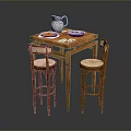 Wooden Dining Table With High Wicker Chairs Water Jug And Decorative Plates