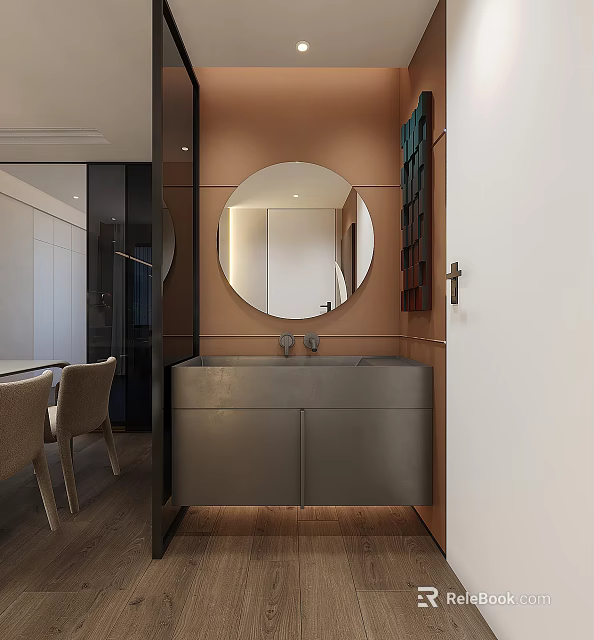 Modern Bathroom Interior With Round Mirror Gray Vanity Brown Wall Cabinets And Wooden Floor 3d model 