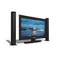 Modern Television With Black Speakers Displaying Airplane On Runway Screen