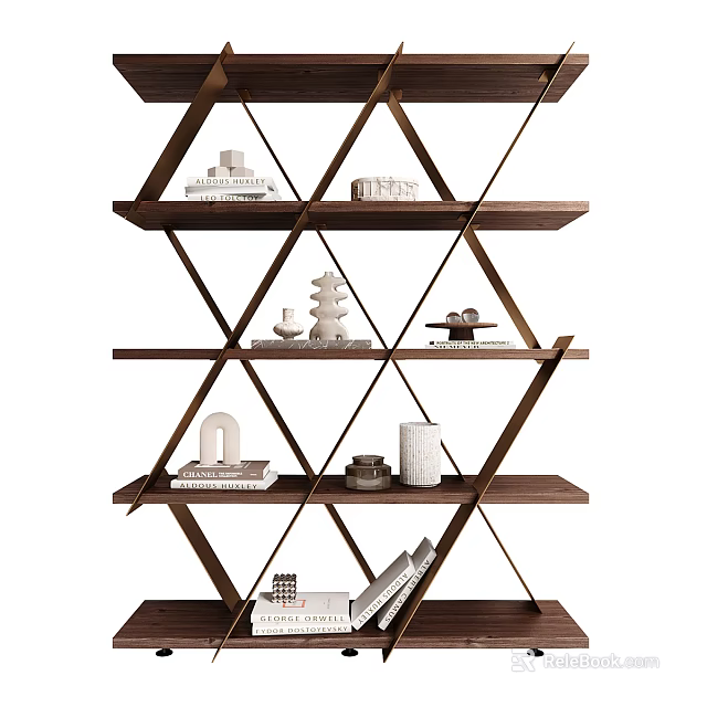 Modern Multi Tiered Geometric Wooden Shelving Unit With Decorative Items And Books 3d model 