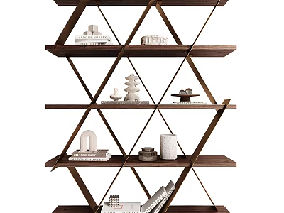Modern Multi Tiered Geometric Wooden Shelving Unit With Decorative Items And Books 3d model