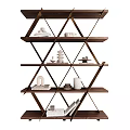 Modern Multi Tiered Geometric Wooden Shelving Unit With Decorative Items And Books