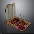 Traditional Room Decor With Wooden Screen Red Rug Cushions Candle Holder And Books