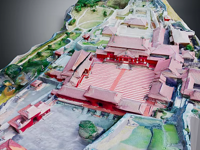 Cartoon Scene of Ancient Palace Buildings With Red Roofs Courtyard Square and Green Vegetation 3d model