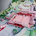 Cartoon Scene of Ancient Palace Buildings With Red Roofs Courtyard Square and Green Vegetation