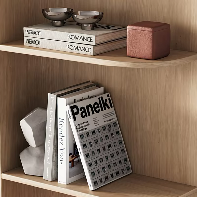 Stacked Romance Books And Panelki Magazine On Wooden Shelf With Decorative Items 3d model