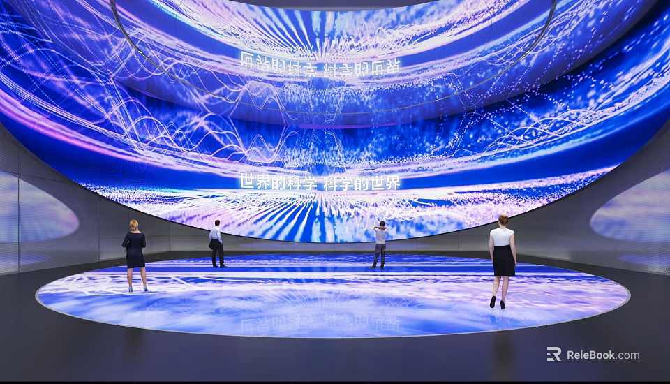 Futuristic Tech Exhibition With Blue Large Screen People Interaction And Dynamic Light Effects 3d model 