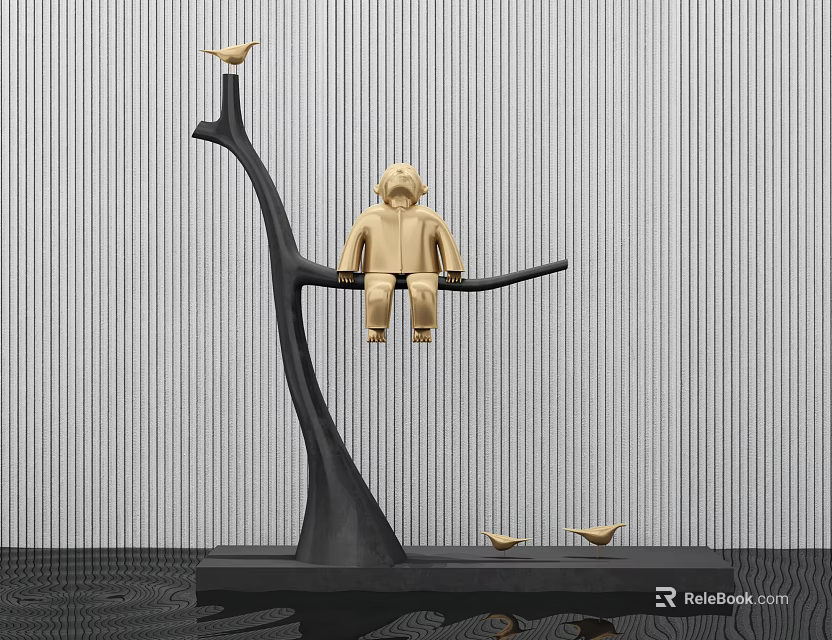 Decorative Ornament Set With Golden Monkey Figurine Birds On Tree Shaped Black Base 3d model 