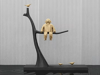 Decorative Ornament Set With Golden Monkey Figurine Birds On Tree Shaped Black Base 3d model