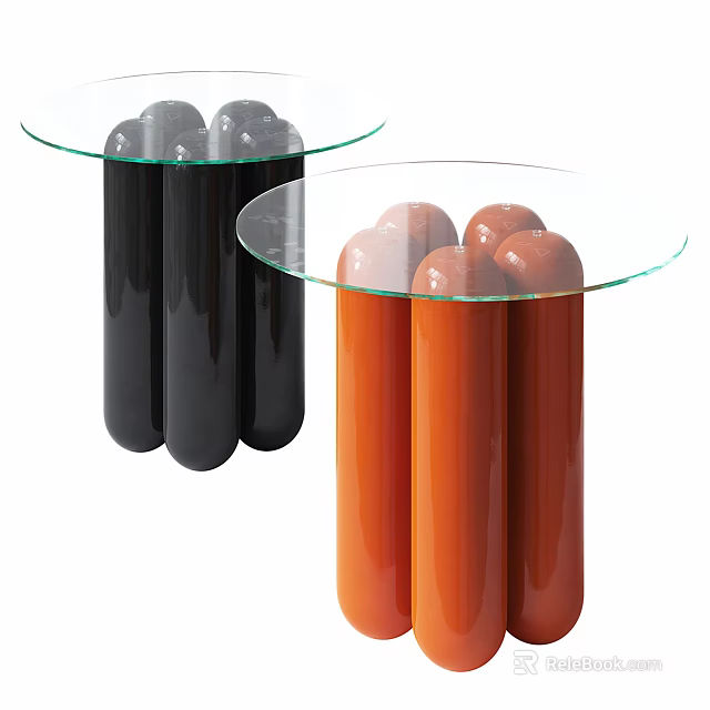 Modern Coffee Table with Black and Orange Cylindrical Supports and Glass Top 3d model 