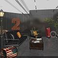 Elegant Café Interior With Wooden Panels Number 2 Black Sofa Orange Pillows And Red Mailbox