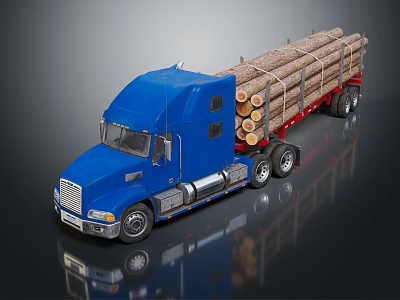 Blue Functional Heavy Duty Truck Transporting Loaded Timber Logs on Trailer 3d model