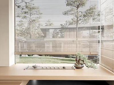 Venetian Blinds Covering Window with Outdoor Trees and Indoor Potted Plant on Windowsill 3d model