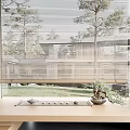 Venetian Blinds Covering Window with Outdoor Trees and Indoor Potted Plant on Windowsill