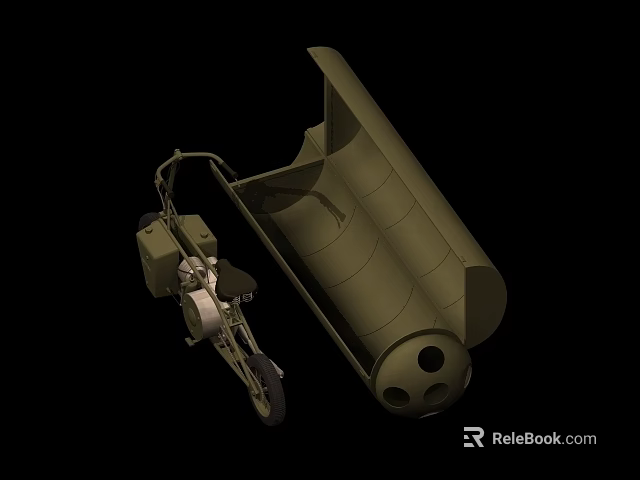 Military Green Weapon System Mounted On Motorcycle Trailer With Cylindrical Structure 3d model 